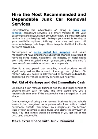 Hire the Most Recommended and Dependable Junk Car Removal Services