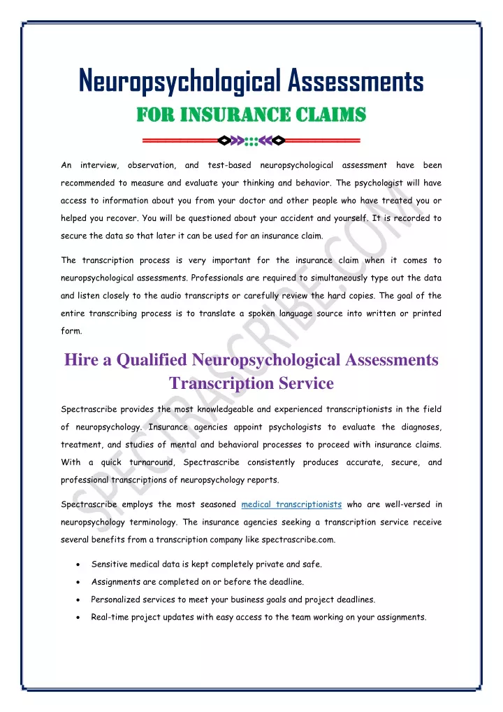 neuropsychological assessments for insurance