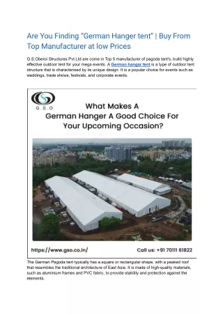 Are You Finding German Hanger tent _ Buy From Top Manufacturer at low Prices