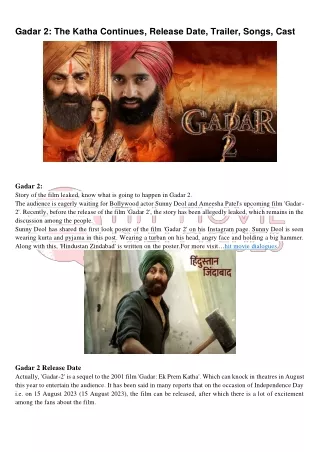 Gadar 2: The Katha Continues, Release Date, Trailer, Songs, Cast