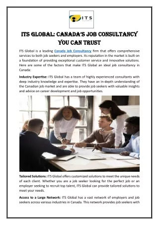 ITS Global Canada’s Job Consultancy You Can Trust