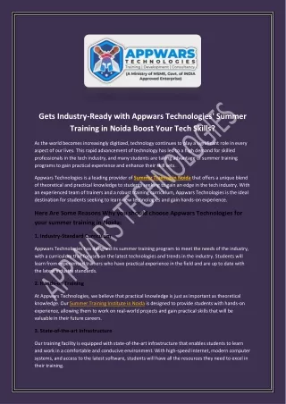 Gets Industry-Ready with Appwars Technologies' Summer Training in Noida Boost Yo