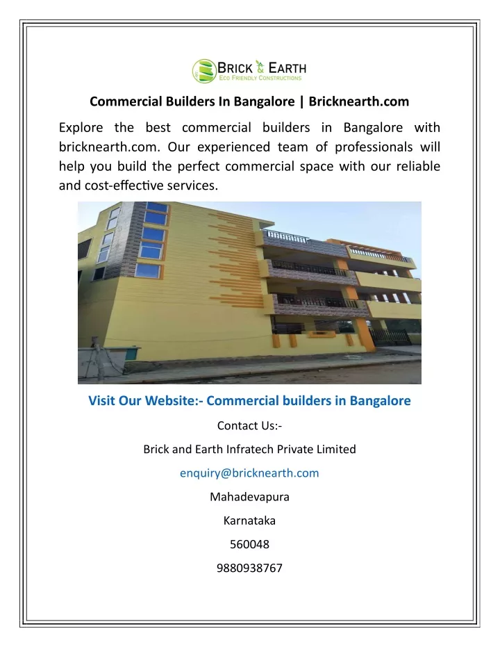 commercial builders in bangalore bricknearth com