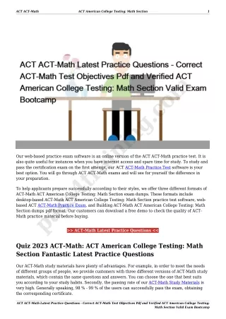 ACT ACT-Math Latest Practice Questions - Correct ACT-Math Test Objectives Pdf and Verified ACT American College Testing: