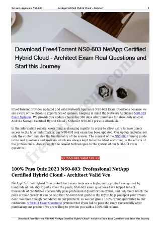 Download Free4Torrent NS0-603 NetApp Certified Hybrid Cloud - Architect Exam Real Questions and Start this Journey