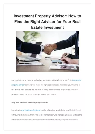 Investment Property Advisor How to Find the Right Advisor for Your Real Estate Investment