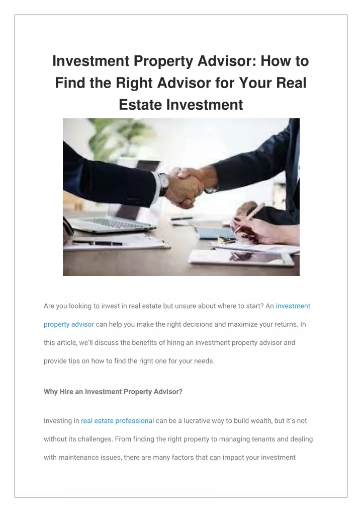 investment property advisor how to find the right