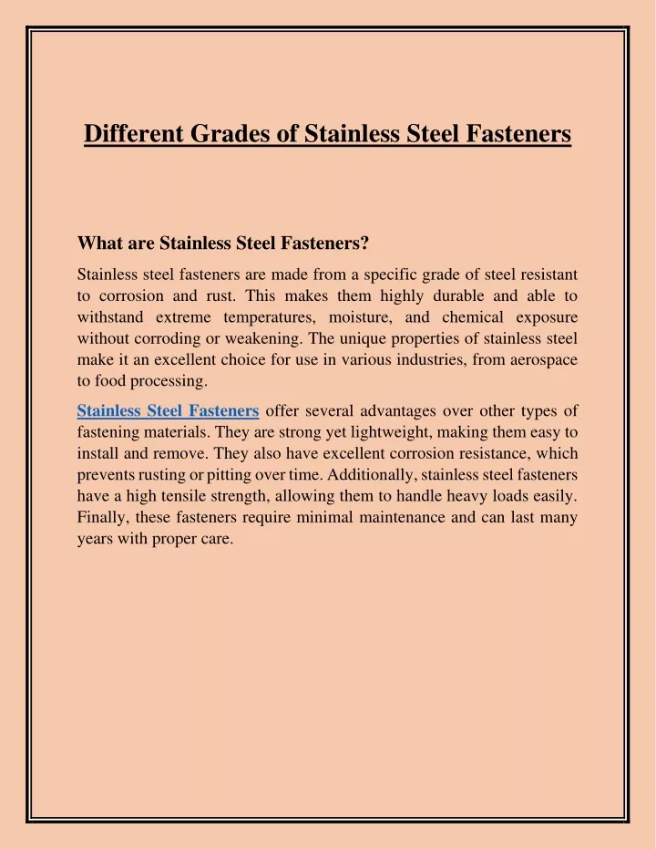 different grades of stainless steel fasteners