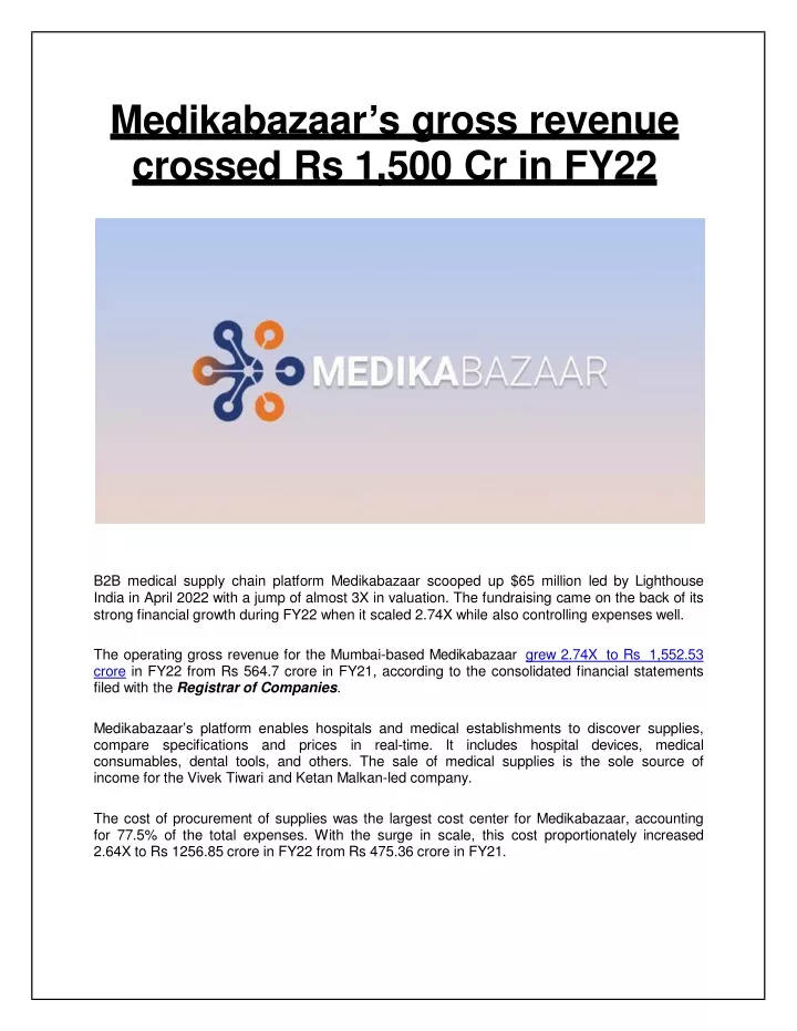 medikabaza a r s gross r e venue crossed rs 1 5 00 cr in fy 2 2