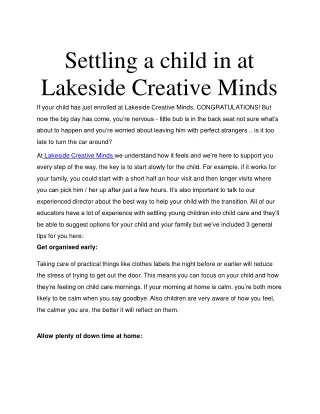 Settling a child in at Lakeside Creative Minds