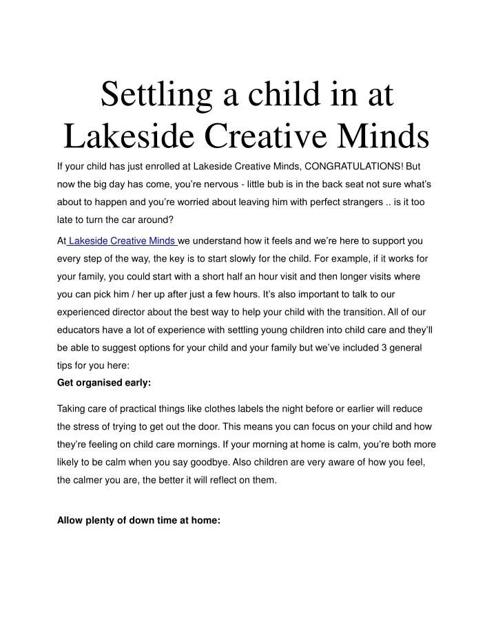 settling a child in at lakeside creative minds