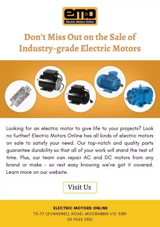 Don’t Miss Out on the Sale of Industry grade Electric Motors