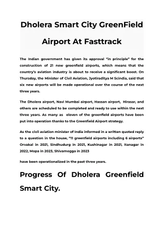 Dholera Smart City GreenField Airport At Fasttrack