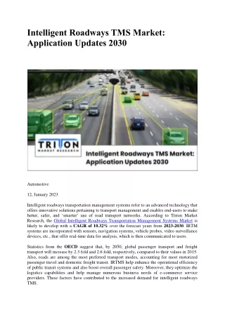 Intelligent Roadways TMS Market: Application Updates 2030