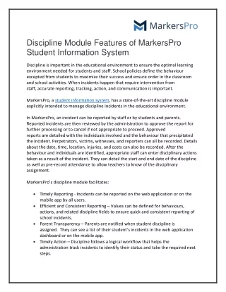 Discipline Module Features of MarkersPro Student Information System
