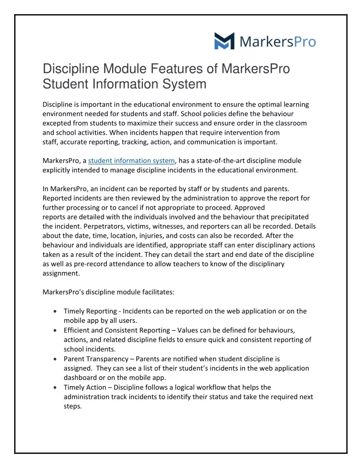 discipline module features of markerspro student