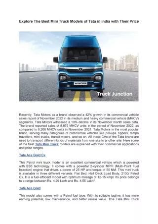 Explore The Best Mini Truck Models of Tata in India with Their Price