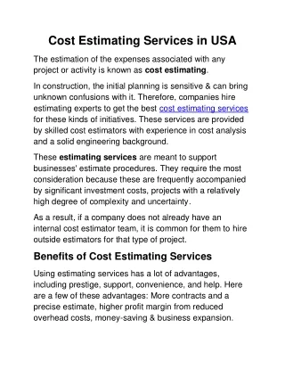 Cost Estimating Services in USA