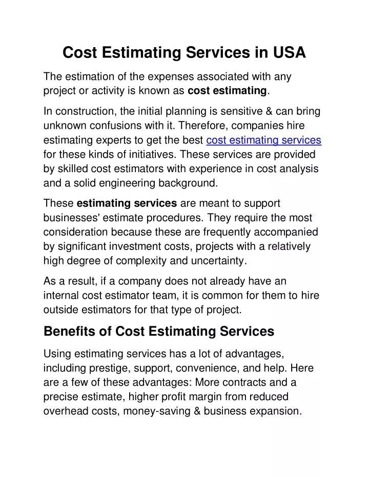 cost estimating services in usa