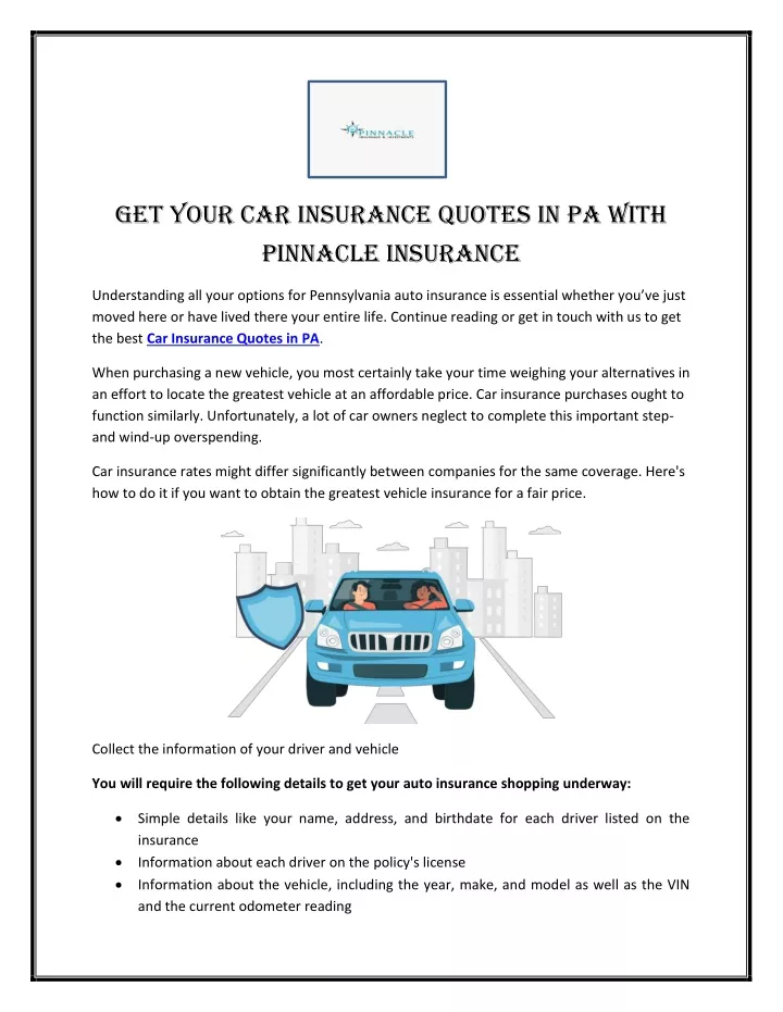 get your car insurance quotes in pa with pinnacle