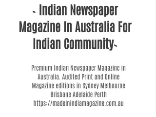 Indian Newspaper Magazine In Australia For Indian Community`