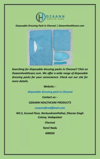 Disposable Dressing Pack In Chennai  Ozaannhealthcare