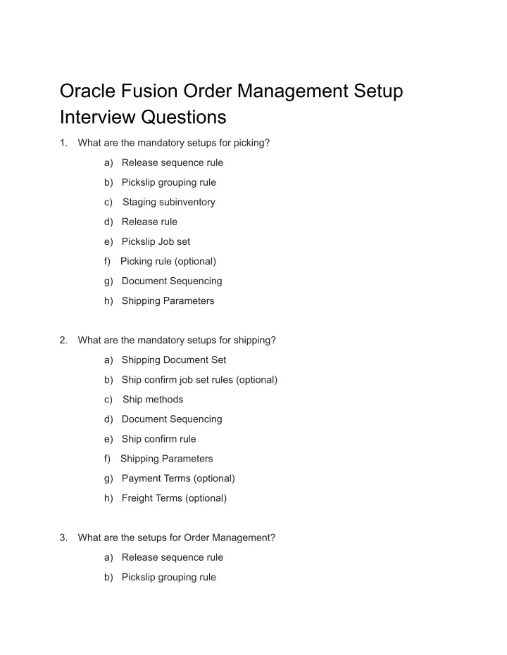oracle fusion order management setup interview