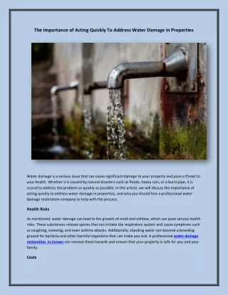 The Importance of Acting Quickly To Address Water Damage in Properties