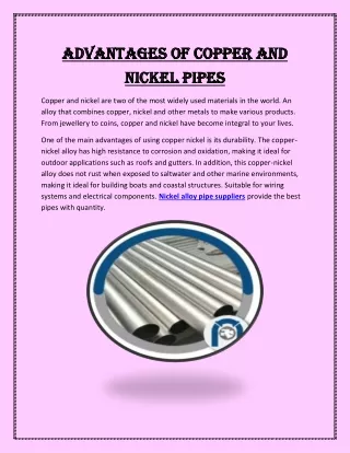 Advantages of copper and nickel pipes