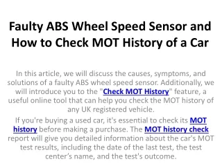 faulty abs wheel speed sensor and how to check mot history of a car