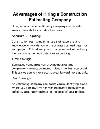 Advantages of Hiring a Construction Estimating Company