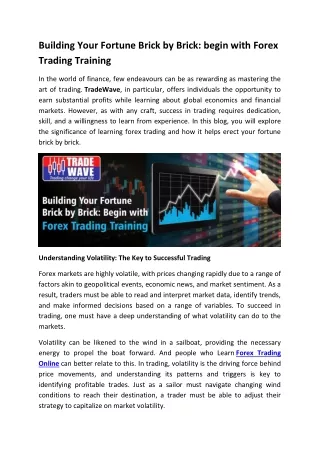 Building Your Fortune Brick by Brick: begin with Forex Trading Training
