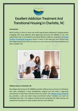 Excellent Addiction Treatment And Transitional Housing In Charlotte, NC