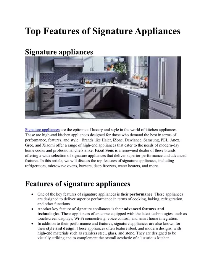 top features of signature appliances signature