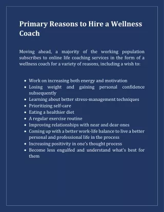 Primary Reasons to Hire a Wellness Coach