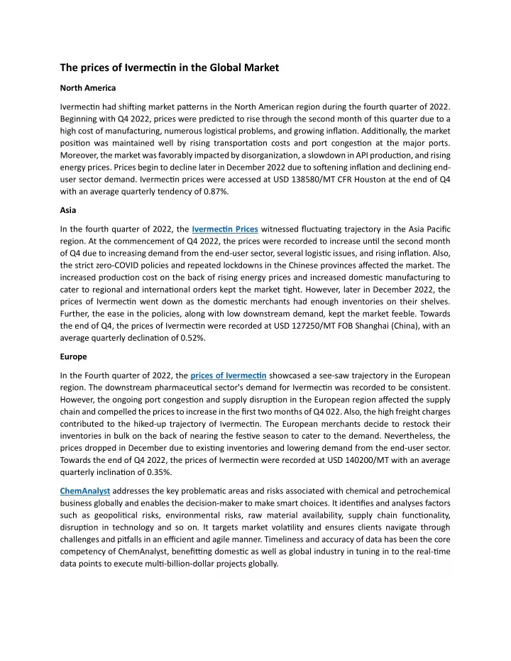 the prices of ivermectin in the global market