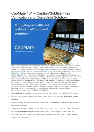 CapMate 101 – Caption/Subtitle Files Verification and Correction Solution