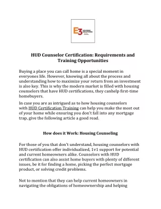 E3 Housing: HUD Counselor Certification Requirements and Training Opportunities