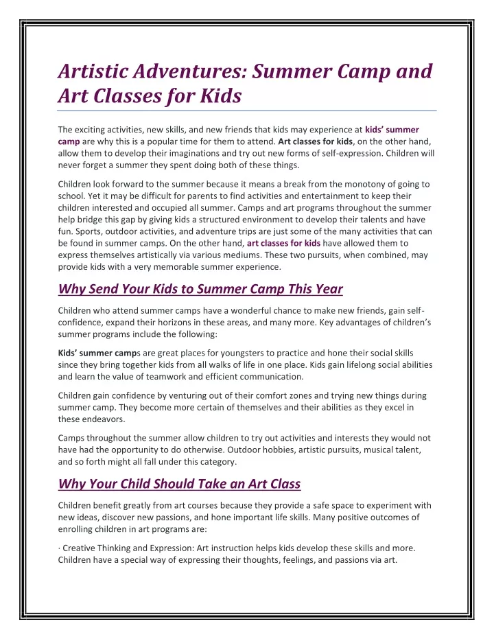 artistic adventures summer camp and art classes