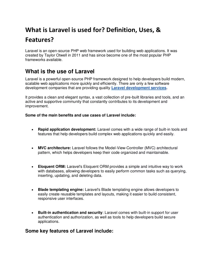 what is laravel is used for definition uses