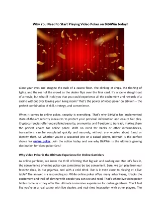 Why You Need to Start Playing Video Poker on Bit4Win today