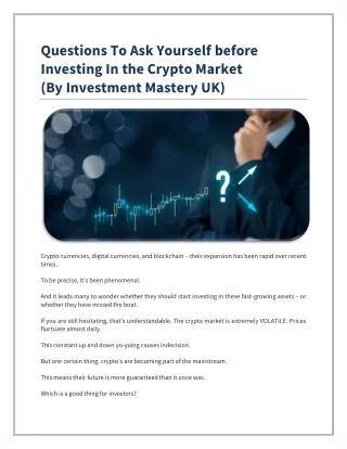 Questions To Ask Yourself before Investing In the Crypto Market