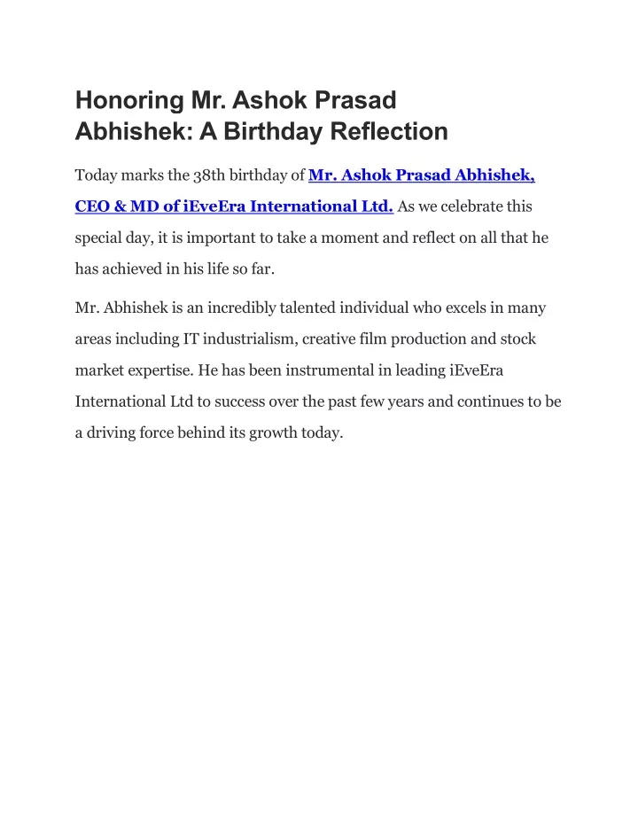 honoring mr ashok prasad abhishek a birthday