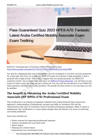 Pass Guaranteed Quiz 2023 HPE6-A70: Fantastic Latest Aruba Certified Mobility Associate Exam Exam Testking