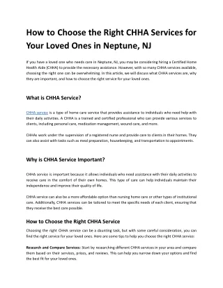 How to Choose the Right CHHA Services for Your Loved Ones in Neptune, NJ