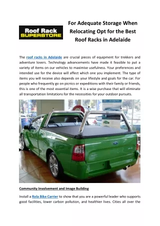 For Adequate Storage When Relocating Opt for the Best Roof Racks in Adelaide