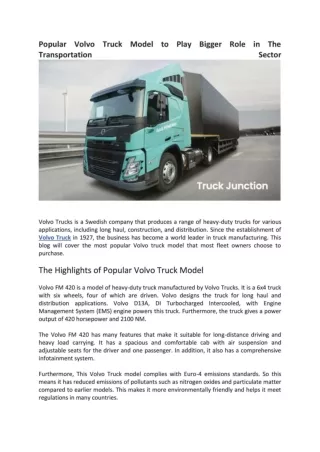 Volvo Truck Model to Play Bigger Role in The Transportation Sector