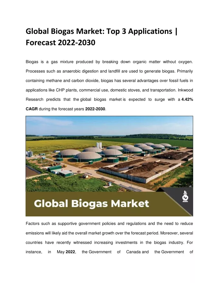 global biogas market top 3 applications forecast