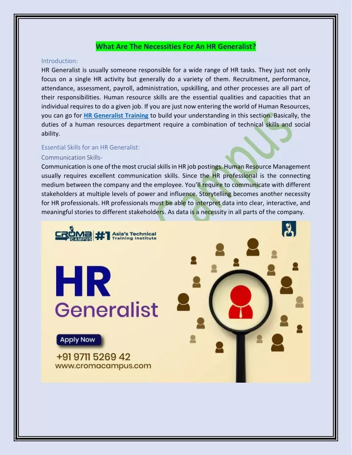 what are the necessities for an hr generalist