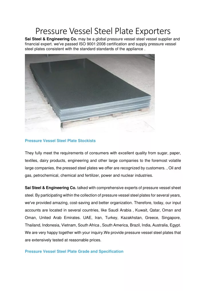 pressure vessel steel plate exporters sai steel